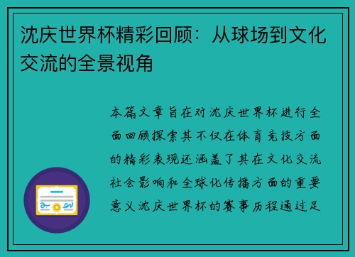 沈庆世界杯精彩回顾：从球场到文化交流的全景视角